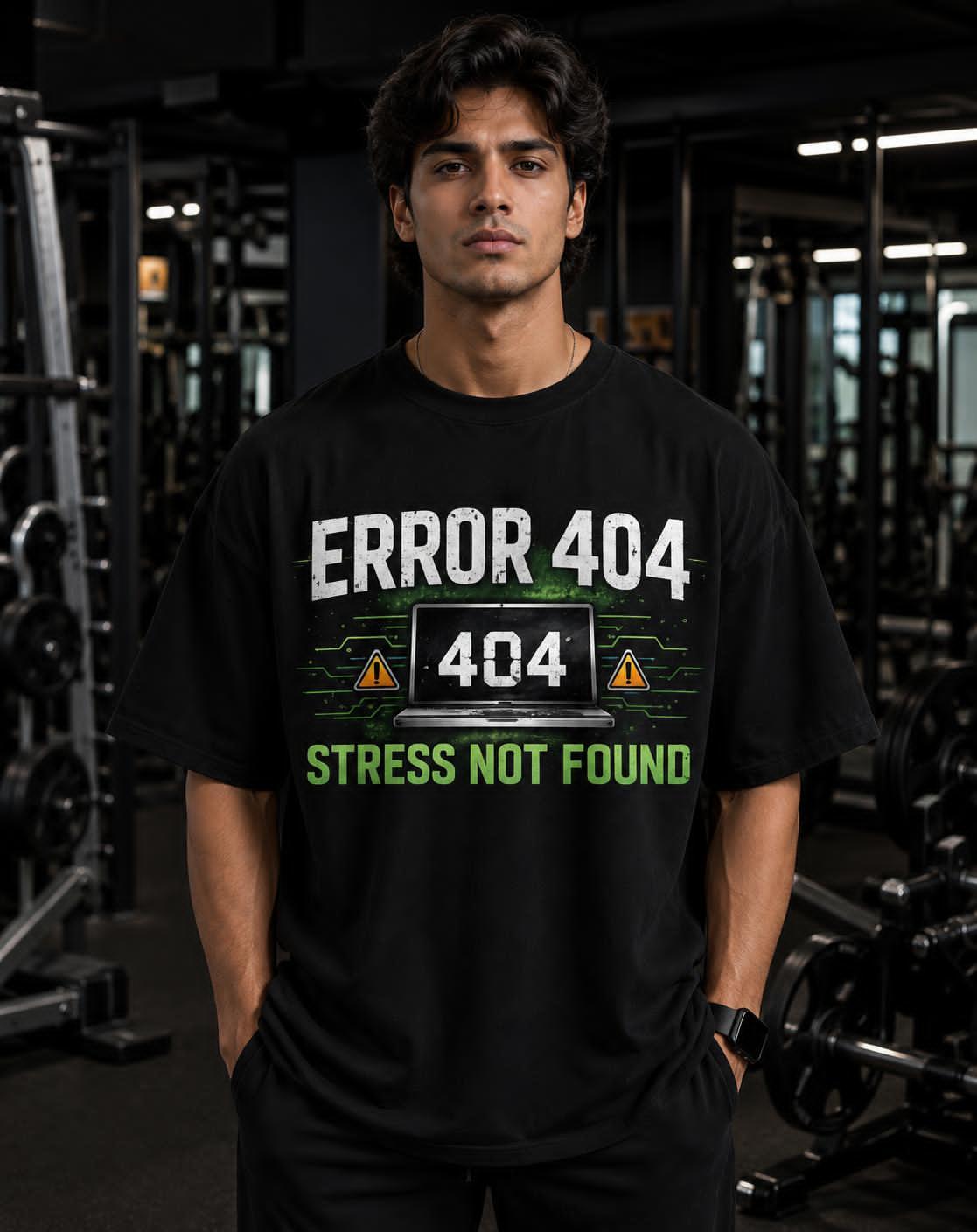 Person wearing a black t-shirt with 'ERROR 404' design in a gym setting