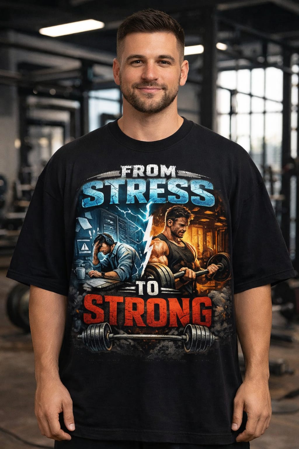 From Stress to Strong – Oversized Gym Motivation T-Shirt