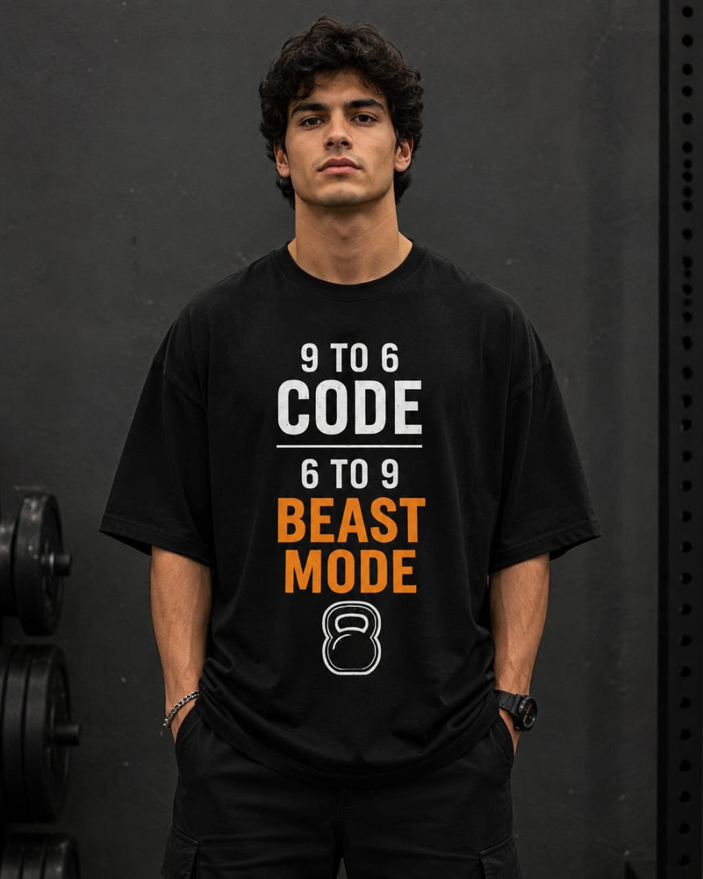 Person wearing a black t-shirt with text and a kettlebell graphic on a dark background